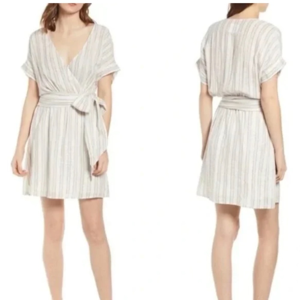 RAILS Zuri Costa Stripe Linen Blend Belted Dress Beige Metallic Silver Size M